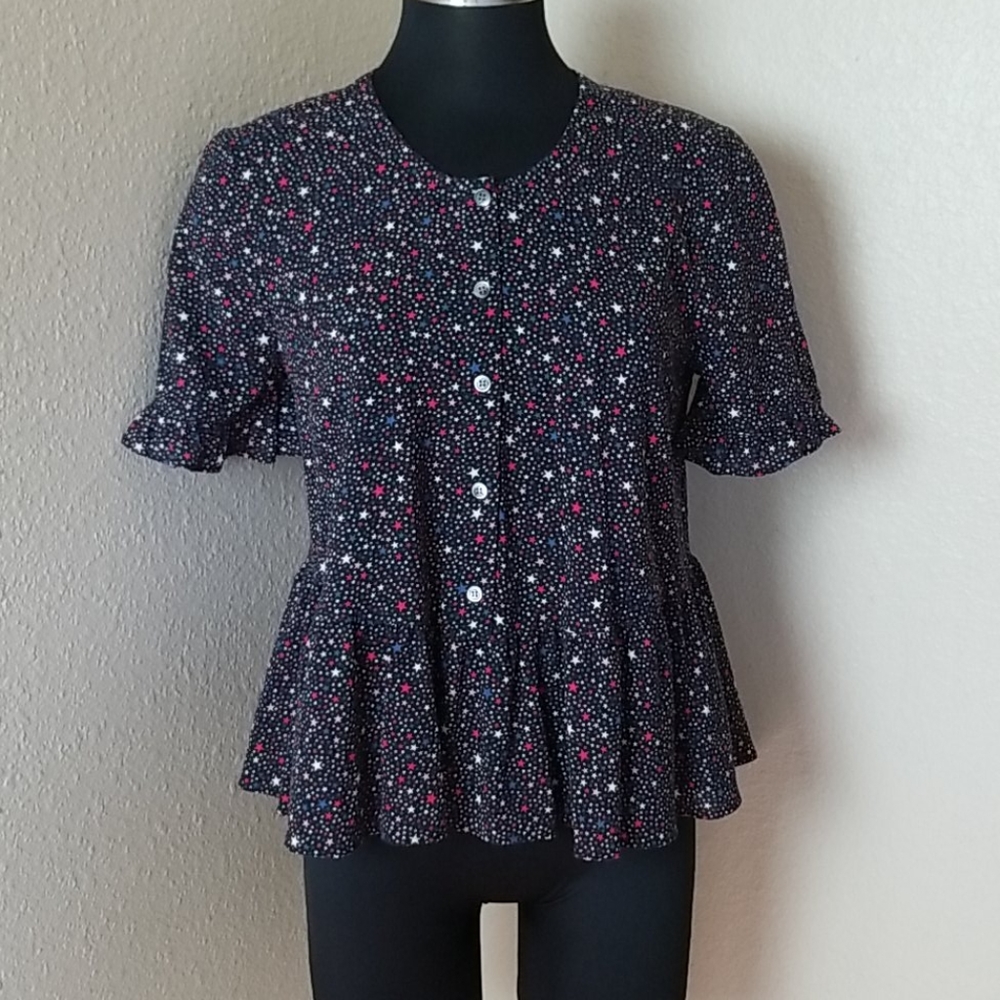 Madewell Button Front Ruffle Blouse Stars